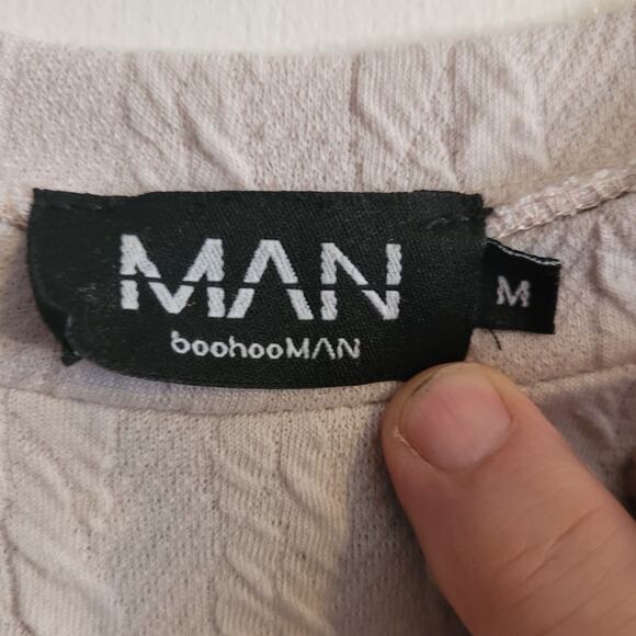 BoohooMAN Beige Cable Knit Textured T Shirt Mens M Short Sleeve Y2K Streetwear - Picture 6 of 10